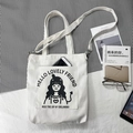 White canvas crossbody bag with black cartoon girl print and adjustable shoulder strap - Little Tail Girl White Multi-use