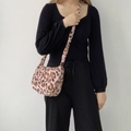 Detail of pink leopard print plush crossbody bag with soft faux fur texture - Pink Leopard Crossbody Small Bag