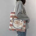 Minimalistische japanische Canvas-Tasche mit Zirkus-Illustrationen und roten Streifen - Beige