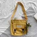 Medium yellow canvas messenger bag with adjustable strap and green frog plush charm - With Frog Pendant / Yellow