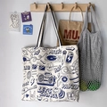 Weiße Segeltuch-Einkaufstasche mit blauem Retro-Musik-Graffiti und Streifenriemen - Beige (Beidseitiges Muster)
