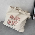 Borsa tote in tela beige minimalista con scritta SunSet e stile americano retrò - Borsa Beige SunSet