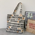 Borsa tote minimalista in tela color crema con stampa di orsetti e scritte moda - Bianco Crema Stampa Orso Alfabeto Fronte Retro