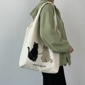 Bolso tote minimalista de lona blanco roto con gatos de dibujos y correa de hombro - Estilo de Estampado de Gato