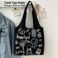 Borsa tote nera in tela con illustrazioni di cuori e rose, borsa a spalla aperta senza zip - Canotta / Nero