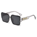 Fashionable square large frame sunglasses with translucent grey frames and gold metal hinge - Grey Frame / Black Grey Lens
