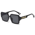Fashion square oversized sunglasses in black frame with decorative gold metal hardware - Black Frame Black Grey Lens