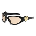 Fashionable black oval sunglasses with golden heart detail and brown tinted lenses - Black Frame Tea Lens