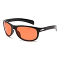 Sporty sunglasses with glossy black frame and amber lenses in a 45-degree view - Black Frame Red Lens