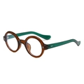 Lunettes rondes rétro avec monture marron et branches vertes sous un angle de 45 degrés - Monture Thé