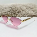 Pink rimless cat eye sunglasses with gold studded metal temples for chic fashion - Grey Pink
