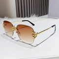 Frameless rimless square sunglasses with tea gradient lenses and gold floral temples - Gradient Tea