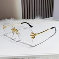 Rimless square sunglasses with gold metal frame and ornate crown filigree detail - Anti-blue Light White Plain