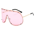 Oversized pink wrap-around sunglasses with black rivets and gold metal temples - Gold Frame Pink Lenses