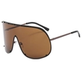 Trendy oversized one-piece sunglasses with brown lenses and metal temples on white background - Coffee Frame Tea Lens