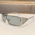 Futuristic silver metal sunglasses with wrap-around frame and light blue lenses - Light Green
