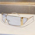 Y2K futuristic large frame sunglasses with light blue lenses and gold metal frame - Pale Blue