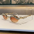 Chic oval sunglasses with gold frame and sparkling crystal embellishments - Gold Frame Double Tea