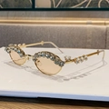 Oval gold metal sunglasses with rhinestone crystals and orange tinted lenses - Gold Frame Transparent Brown Lens