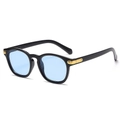 Retro round sunglasses with black frames, light blue lenses and gold metal accents - Black Frame Blue Lens