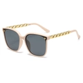 Trendy beige square oversized sunglasses featuring gold chain temples and star accents - Pink Frame Dark Grey Lens