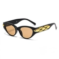 Retro cat-eye sunglasses with black frame, amber lenses, and gold geometric temple details - Black Frame Tea Lens