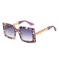 Square oversized sunglasses with purple tortoiseshell frame and gold chain temples - Purple Floral Frame Gradient Gray Lens