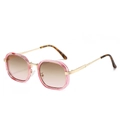 Retro rectangular sunglasses with pink resin frames and gold metal temples on white background - Pink Frame Brown Pink Lens