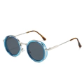 Retro round silver metal sunglasses with grey lenses and translucent blue side shields - Blue Frame Gray Lens