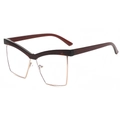 Fashionable brown cat-eye semi-rimless browline glasses with gold metal frames shown at 45 degrees - Tea Frame