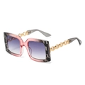 Pink camouflage square sunglasses with gradient lenses and golden chain temples - Pink Leopard Frame Gradient Gray Lens