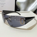 Occhiali Y2K senza montatura neri con strass argento e logo rettangolare dorato - Nero/Grigio