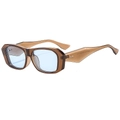 Retro square polygon sunglasses with brown frame and blue lenses in a 45-degree angle view - Tea Frame Blue Lens