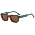 Retro square sunglasses with translucent brown frames and green temples on white background - Tea Frame Tea Lens