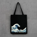 Detail of Great Wave off Kanagawa print on high-quality black canvas tote bag - Black (Great Wave Print)