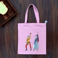 Pink canvas tote bag with Chinese style character illustration on dark wood surface - Pink