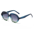 Oversize-Rundsonnenbrille mit blau-grünem Verlaufsrahmen und Leopardenmuster-Unterrand - Blauer Schildpatt-Rahmen Graue Verlaufsgläser