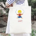 White canvas tote bag featuring a colorful jumping girl cartoon print and red text - Jumping Girl Pattern (Zipper Style) / White