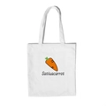 Detail of white canvas tote bag featuring a cute orange carrot print and black text logo - White Carrot