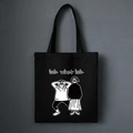 Minimalistische zwarte canvas shopper met witte cartoonprint en look what look tekst - Zwart