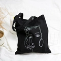 Minimalistische schwarze Segeltuchtasche mit weißem Porträt-Liniendesign für Damen - Abstraktes Porträt Schwarze Tasche