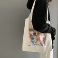 Borsa tote in tela bianca con illustrazioni artistiche colorate e lunghe tracolle a spalla - Borsa a Gilet Bianca Stravagante