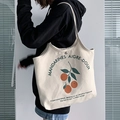 Japanese style canvas tote bag with orange fruit print and shoulder strap design - Three Oranges Print