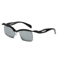 Gafas de sol futuristas de media montura con marco negro irregular y lentes gris oscuro - Montura Negra Lente Plateada