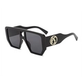 Classic black square sunglasses with shiny finish and gold circular logo on the temple - Black Frame Black Grey Lens