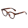 Classic tortoise shell round glasses frame with golden metal accents at a 45-degree angle - Tortoise