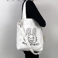 Sac cabas en toile blanche avec bandoulière réglable et imprimé lapin noir mignon - Lapin Heureux Blanc (Double Usage)