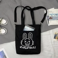 Sac fourre-tout noir en toile avec motif lapin et bandoulière pour étudiantes - Lapin Heureux Noir (Double Usage)