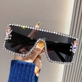 Oversized square black sunglasses with white rhinestones and pink teardrop crystal accents - Solid Grey