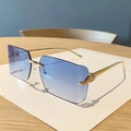 Retro rimless sunglasses with blue gradient lenses and golden leopard head details - Double Blue